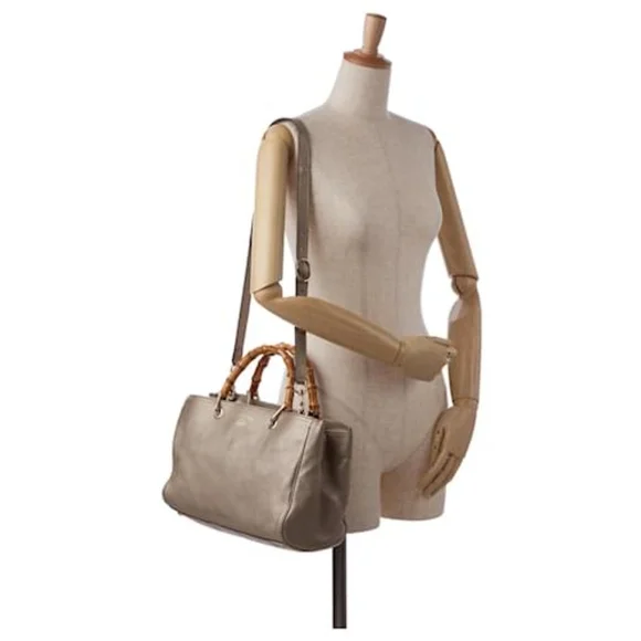 GUCCIMetallic Pebbled Calfskin Medium Bamboo Shopper Tote Golden Beige - Picture 7 of 14
